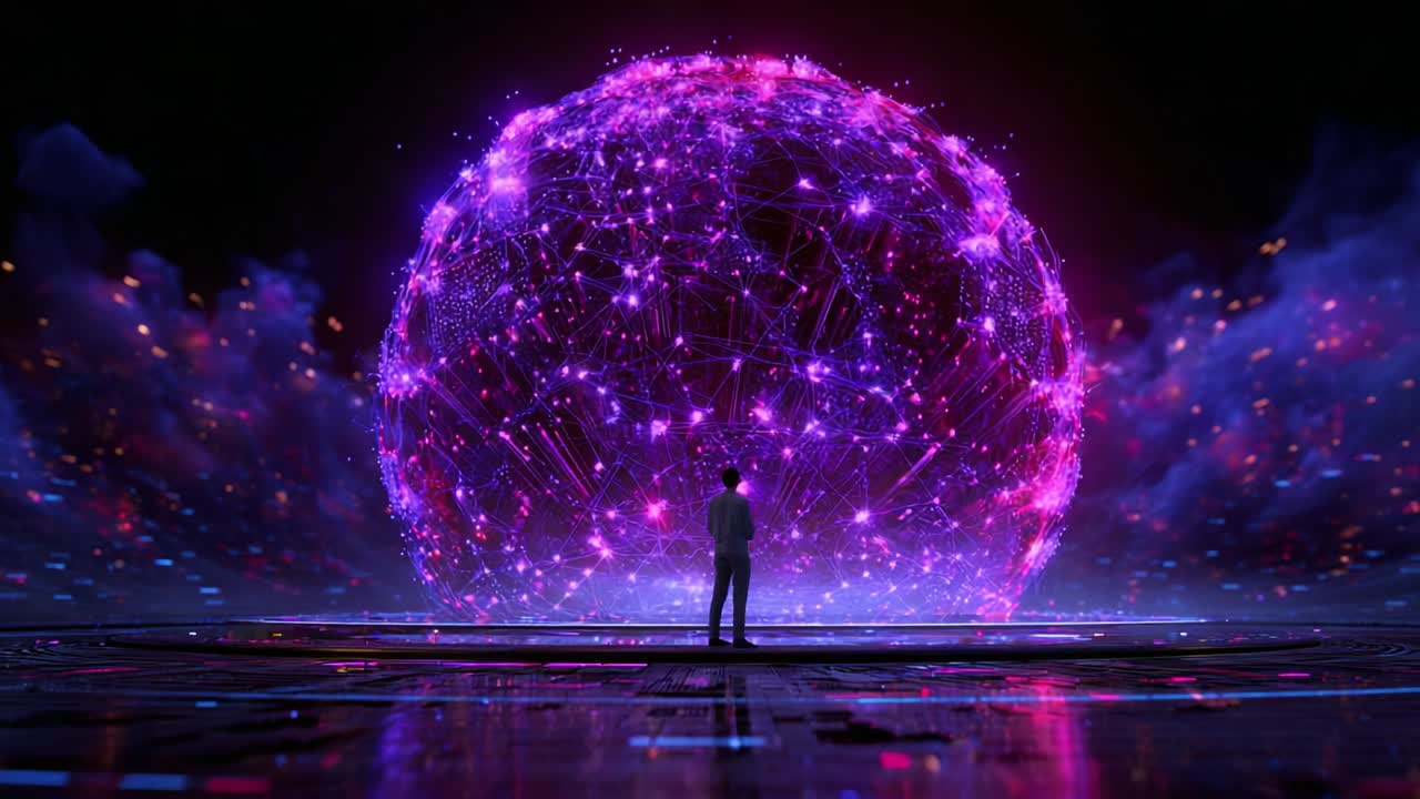 A mesmerizing digital landscape featuring a lone figure gazing at a stunning spherical light installation, embodying the fusion of technology and artistry through intricate network patterns and vibrant colors