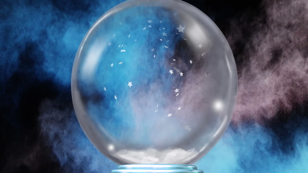 블랙 배경에 별이 떨어지고 다채로운 가루가 있는 크리스마스 눈공의 애니메이션