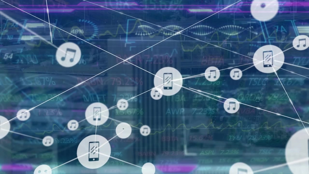 Digital Network Connection with Smartphone and Music Icons Over Financial Data