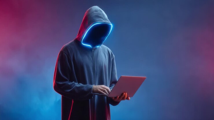 Una figura misteriosa avvolta in un mantello incappucciato luminoso interagisce con un laptop, immersa in un'atmosfera di intrigo e fascino digitale, il tutto su uno sfondo con un gradiente spettacolare.