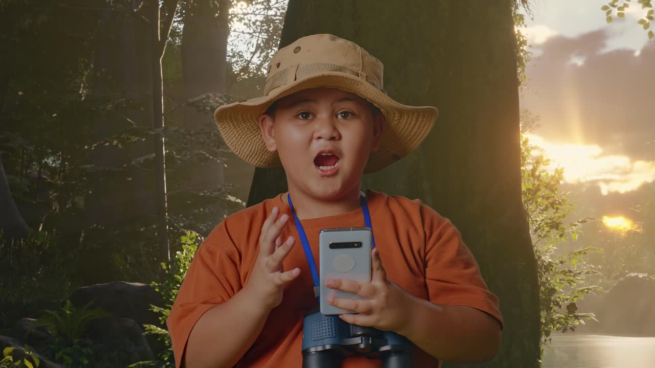 모자와 안경을 쓴 아시아 소년이 스마트폰을 쳐다보며 와우라고 말합니다. 소년 연구자는 숲, 자연, 여행, 관광, 모험 개념을 탐구하면서 무언가를 조사합니다.