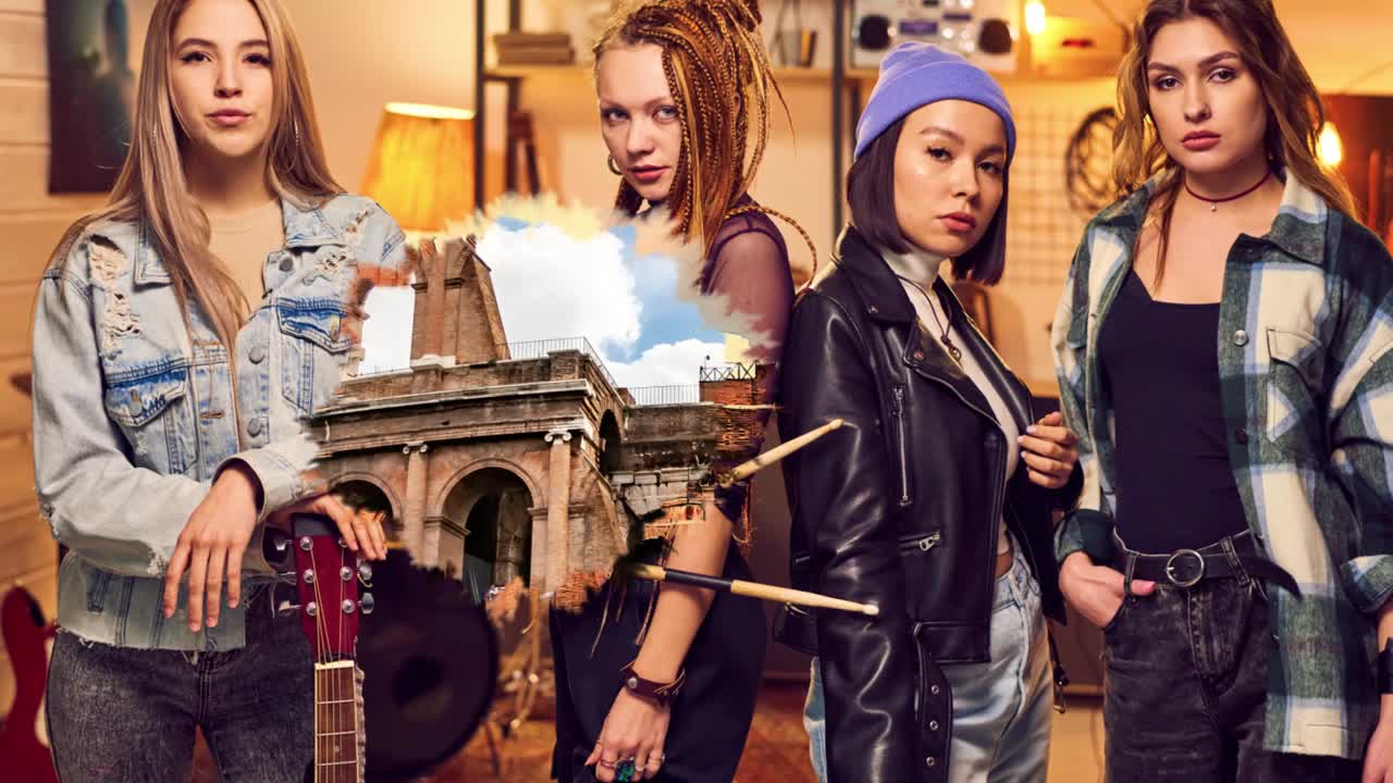 Diverse collection of images featuring motorcycles, historical landmarks, and people