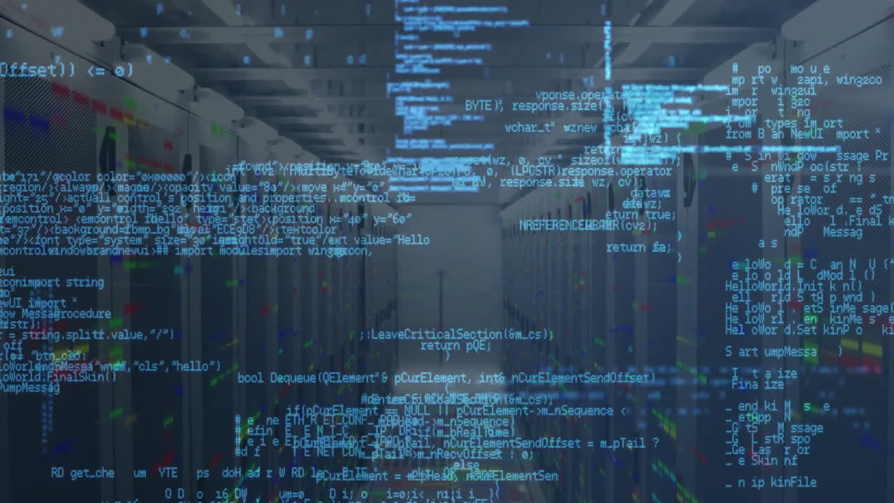 Animation overlaying server room, illustrating data processing and technology in school