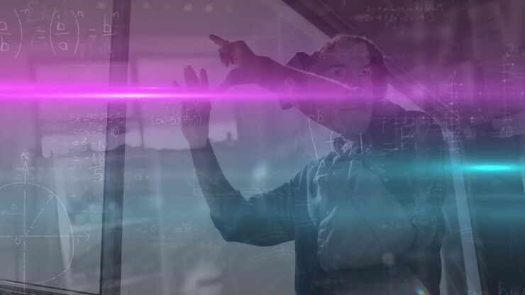 Animation of mathematical equations and light trails over caucasian businessman in office