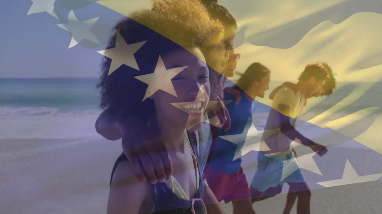 Friends walking on beach with flag animation overlay, enjoying seaside stroll