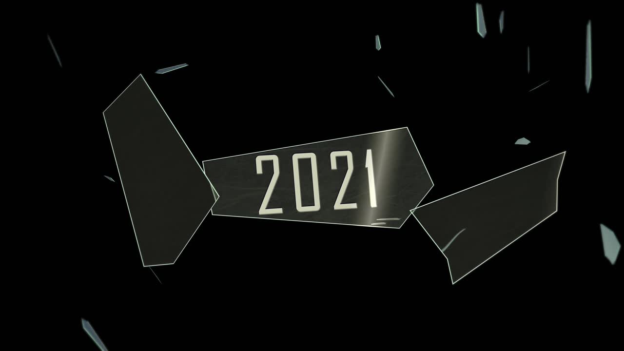 año: 2021 - fragmentos de vidrio vuelan hacia nosotros después de una explosión - diseño de movimiento - incluye: versión sin texto y seguimiento mate - 4k