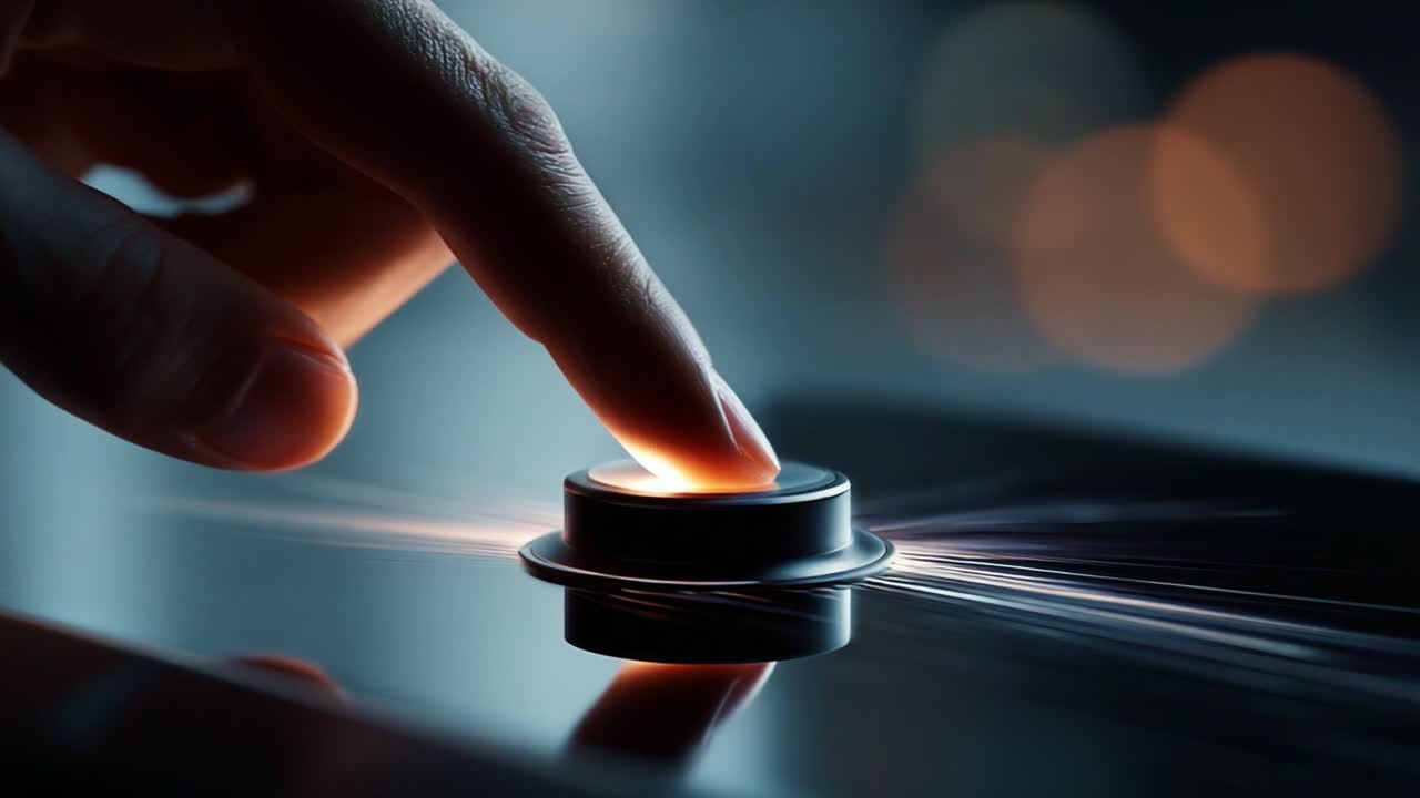 A hand gently presses a sleek, illuminated button, highlighting the elegance of modern technology and design while creating a captivating, futuristic atmosphere filled with glowing ambiances