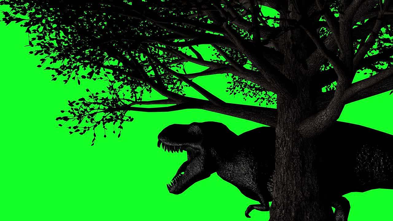 Dinossauro preto rugindo debaixo de uma árvore em tela verde