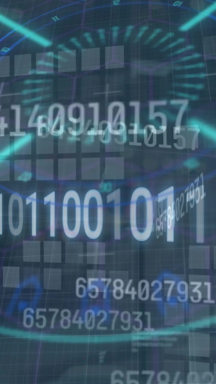 Animation of binary codes over changing numbers against mandala pattern and geometric shapes
