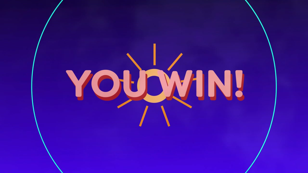 Upon gradient appearing, victory circle scaling, 3D text pulsing, bars radiating, celebrating win