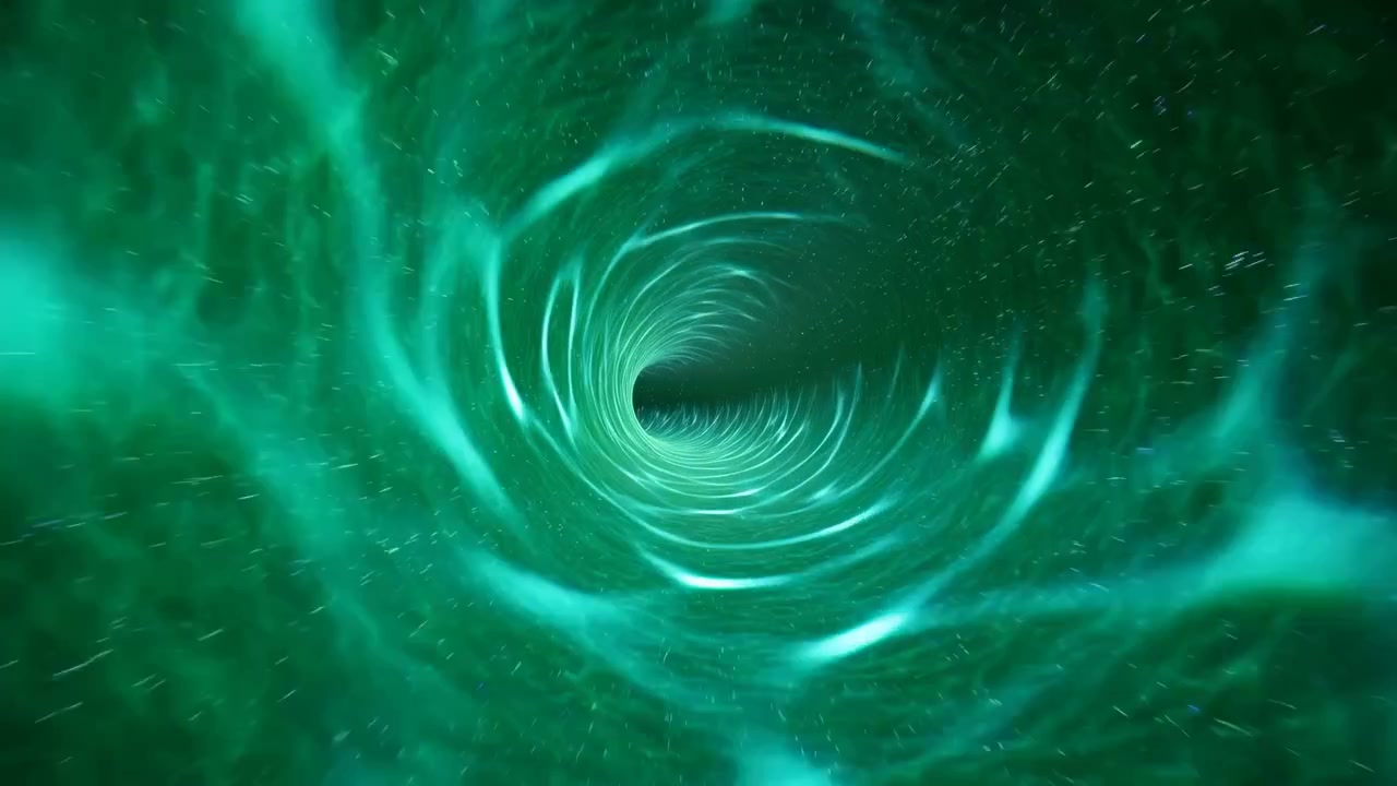 Vista frontale di un tunnel a spirale luminoso verde e verde acqua che si estende verso un vuoto centrale scuro, con bande lucide simili a fluidi, scie di particelle luminose e una leggera foschia