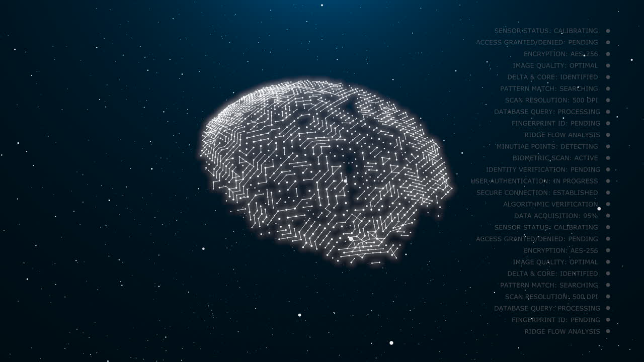 Close view of fingerprint biometric scanning on high tech interface with animated data elements. Suitable for cybersecurity, privacy, fintech, corporate use