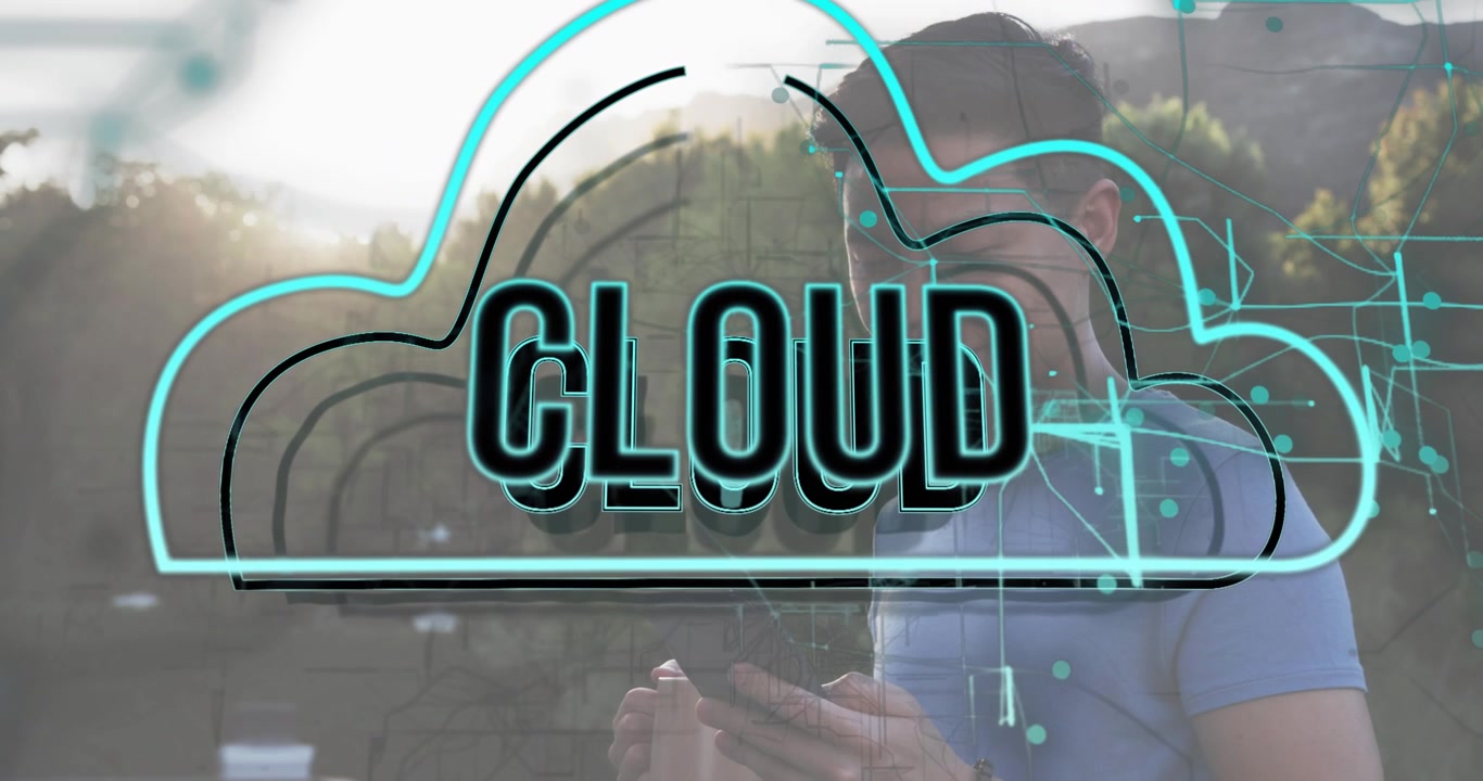 Uomo che tocca lo schermo dello smartphone, evocando linee di circuito neon 3D CLOUD che celebrano la tecnologia cloud
