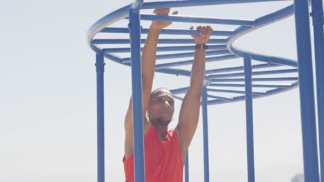 front view man with prosthetic leg exercising