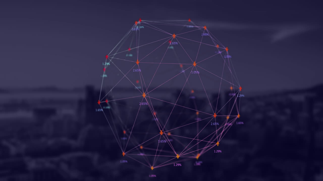 Globe of arrow spinning against cityscape