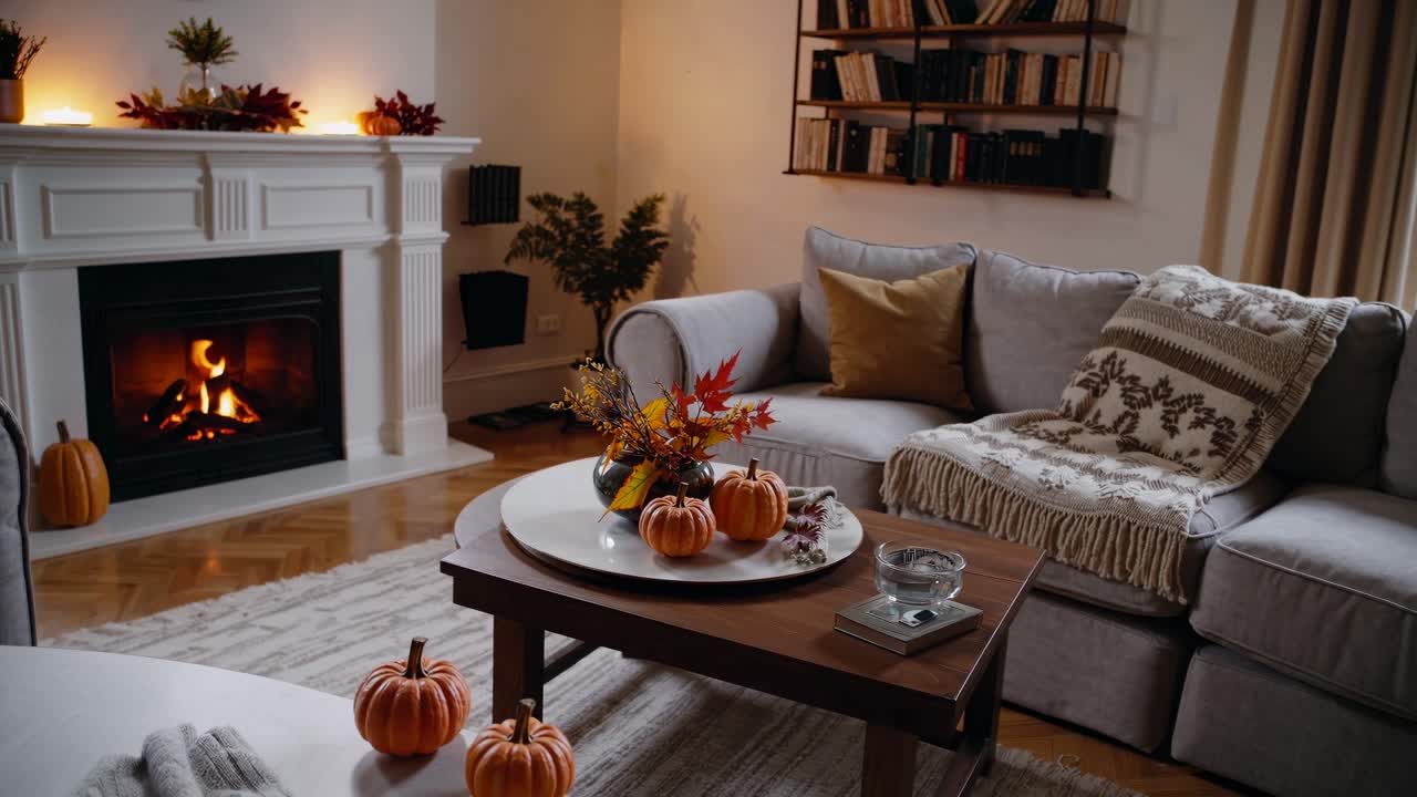 Cozy living room with autumn decor, pumpkins, and a lit fireplace