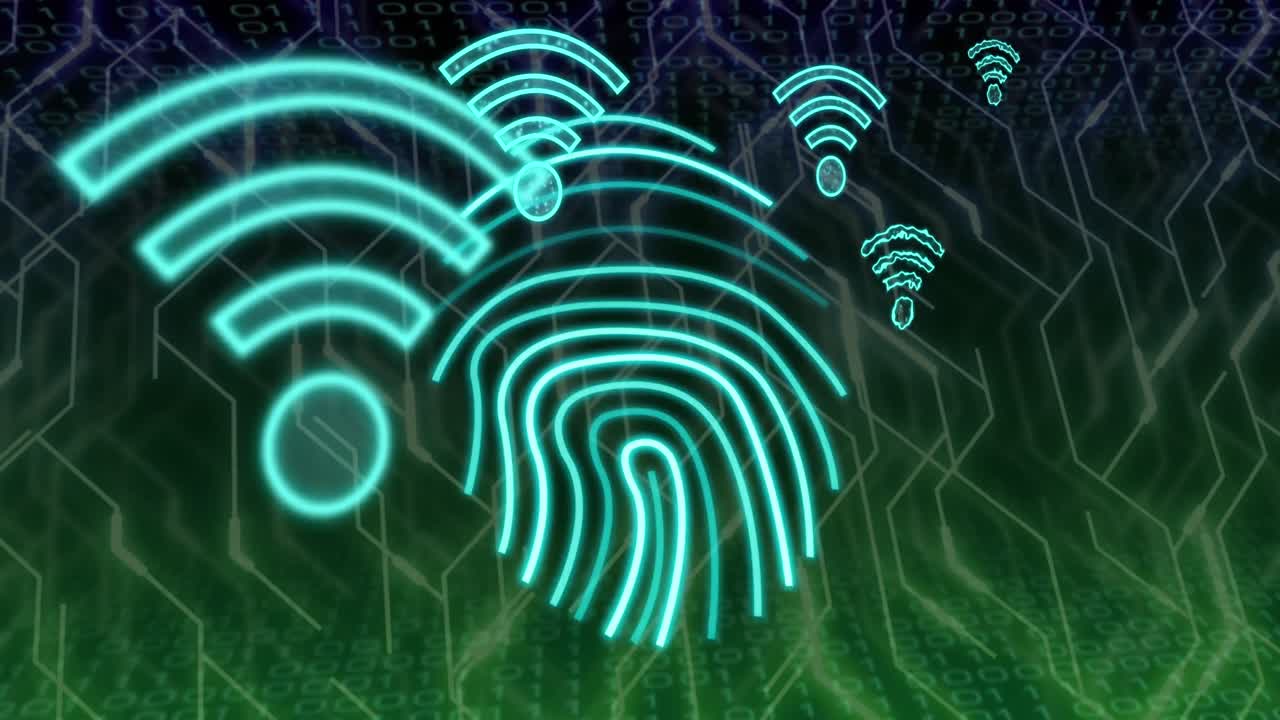 animación de huellas dactilares biométricas, iconos wifi y procesamiento de datos a través de una placa de circuitos.