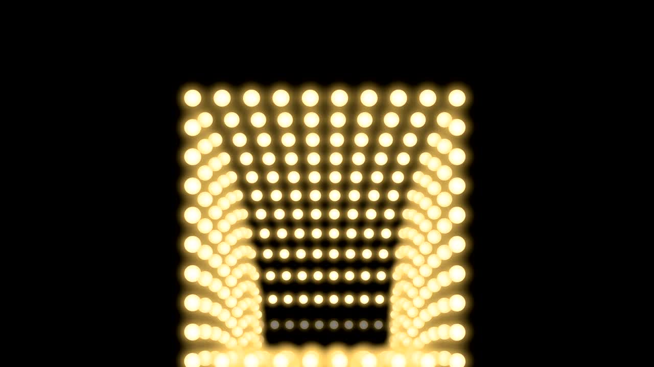 터널 전구 박스 프레임 사각형 모양 이동 패턴, 레트로 3d 가상 스타일 일러스트레이션 어두운 배경에서 빛나는 원활한 루핑 애니메이션 4k, 복사 공간