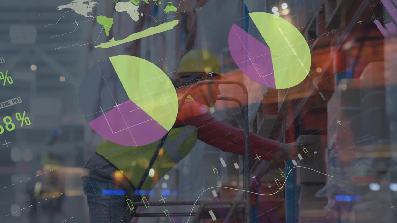 animación del procesamiento de datos sobre una trabajadora caucásica en un almacén