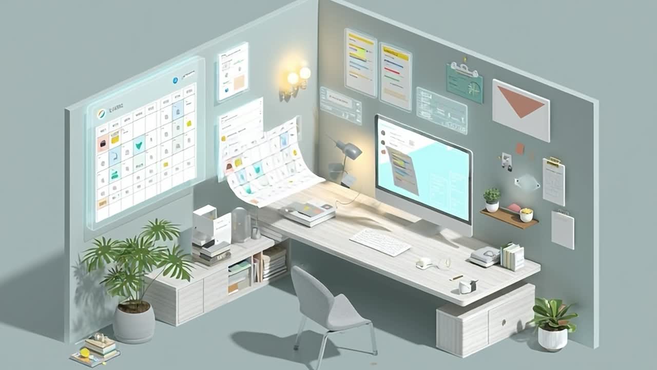 Design moderno di spazi di lavoro con strumenti di organizzazione e produttività