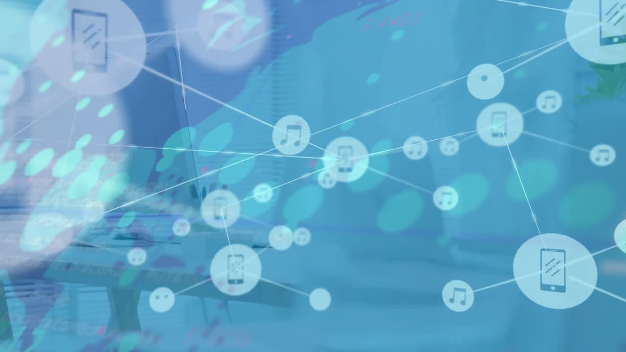 세계 지도 위의 장치 아이콘과 연결 네트워크의 애니메이션