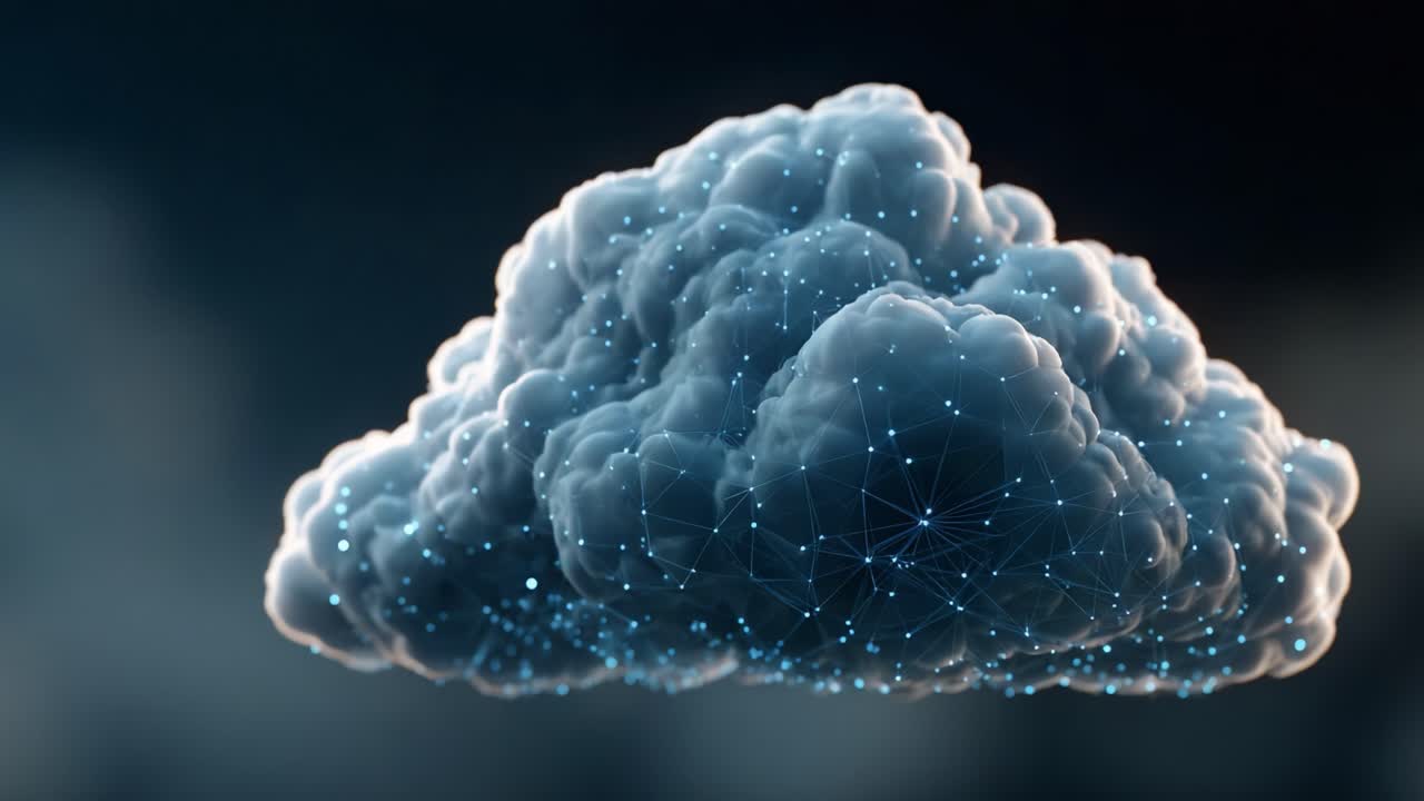 A Captivating Cloud Visualization Merging Technology and Nature: A 3D Representation of Atmospheric Formations with Sparkling Networks Illuminating its Surface