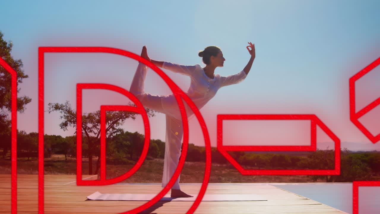 코로나19에 대한 은 네온 단어의 애니메이션 백인 여성 스트레칭