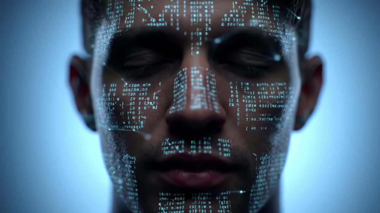 Exploring the Intersection of Technology and Humanity: A Visual Representation of Data Algorithms Projected on a Person's Face