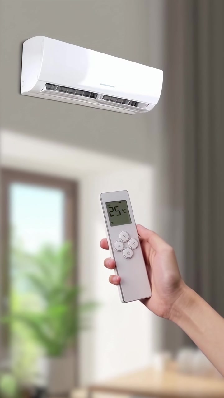 Person Adjusting Air Conditioner Temperature with Remote Control