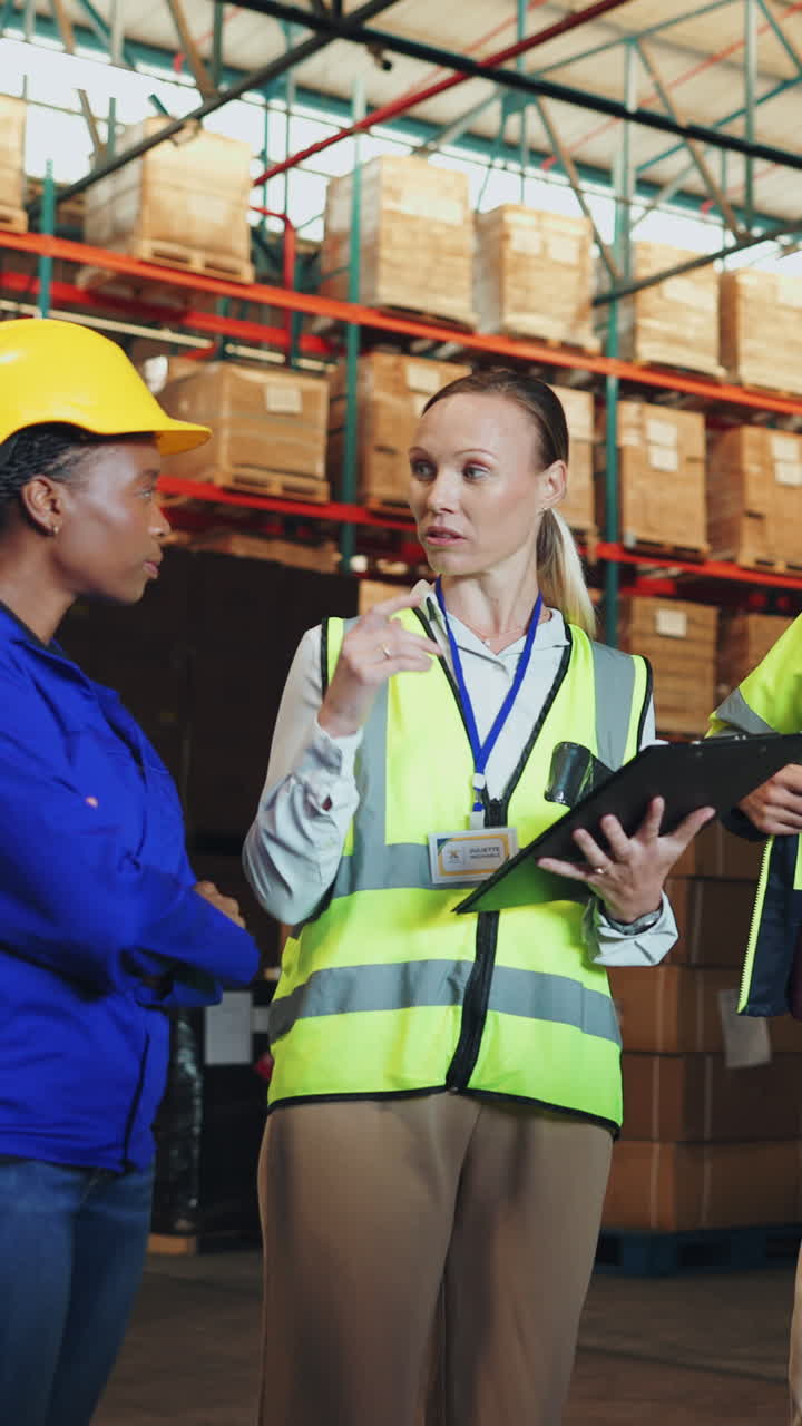 trabajadores del almacén discutiendo el inventario