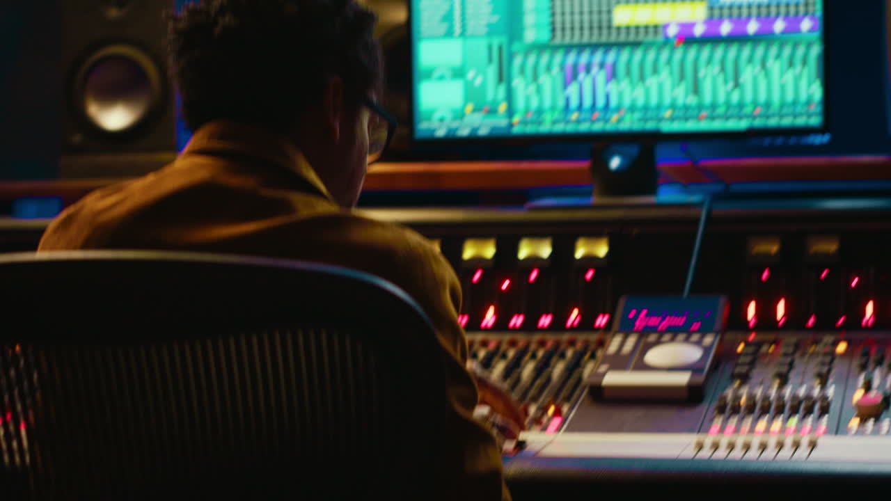 African american audio engineer using sound mixing console for managing tracks