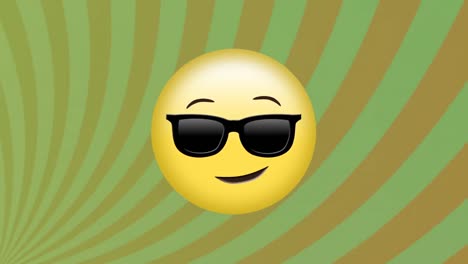 Animation-of-sunglasses-face-emoji-against-green-radial-rays-in-seamless-pattern-on-grey-background