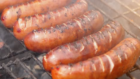 Close-up-on-placend-in-row-on-barbecue-grill-tasty-frying-sausages--Slow-motion-video