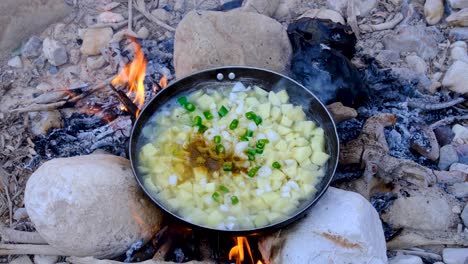 Verduras-Frescas-Picadas-Hirviendo-Y-Cocinando-En-Un-Entorno-Natural-Al-Aire-Libre-En-Una-Fogata-Abierta