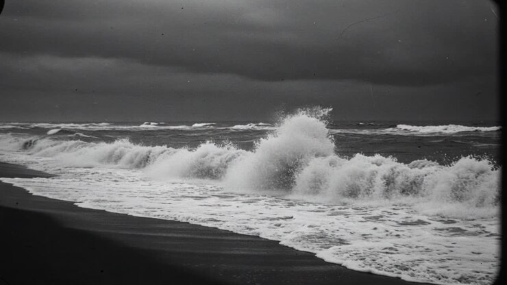 La transformation sereine de l'océan : des vagues turbulentes aux rivages calmes dans un paysage en niveaux de gris capturé sur deux images