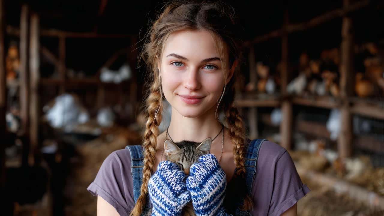 A Young Woman with Braided Hair Embracing a Kitten in a Barn Setting, Exuding Warmth and Connection Amidst a Rustic Background Filled with Animals