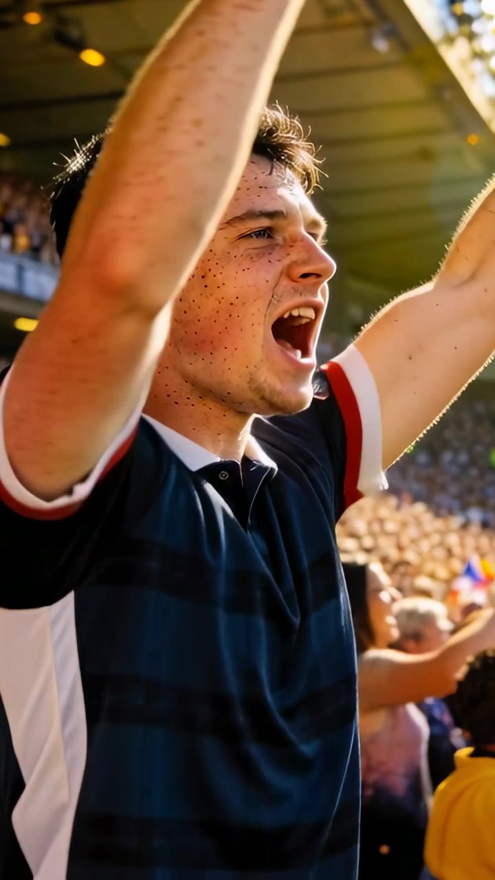 Video vertical: Aficionado masculino gritando y agitando los puños en las gradas del estadio tras el rugido de la multitud, con camiseta azul marino.