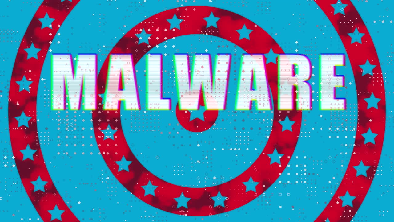texto de malware y diseño de patrones de puntos contra estrellas en círculos giratorios sobre fondo azul