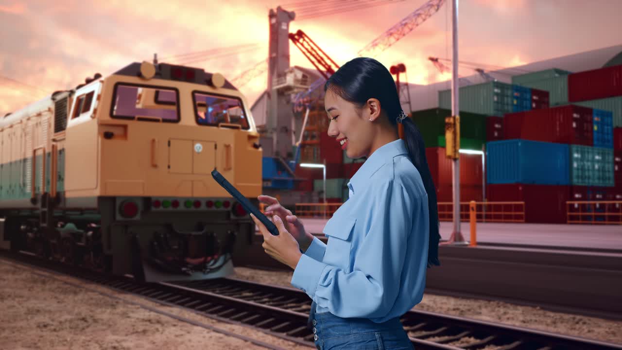 Side View Of Asian Female With Her Tablet With Freight Cargo Train At Port, Checking On Her Tablet With Meditation