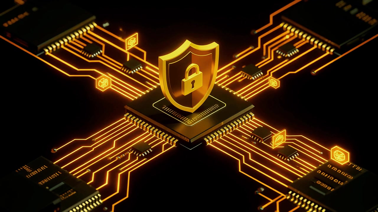Golden Security Shield on Microchip with Glowing Data Connections
