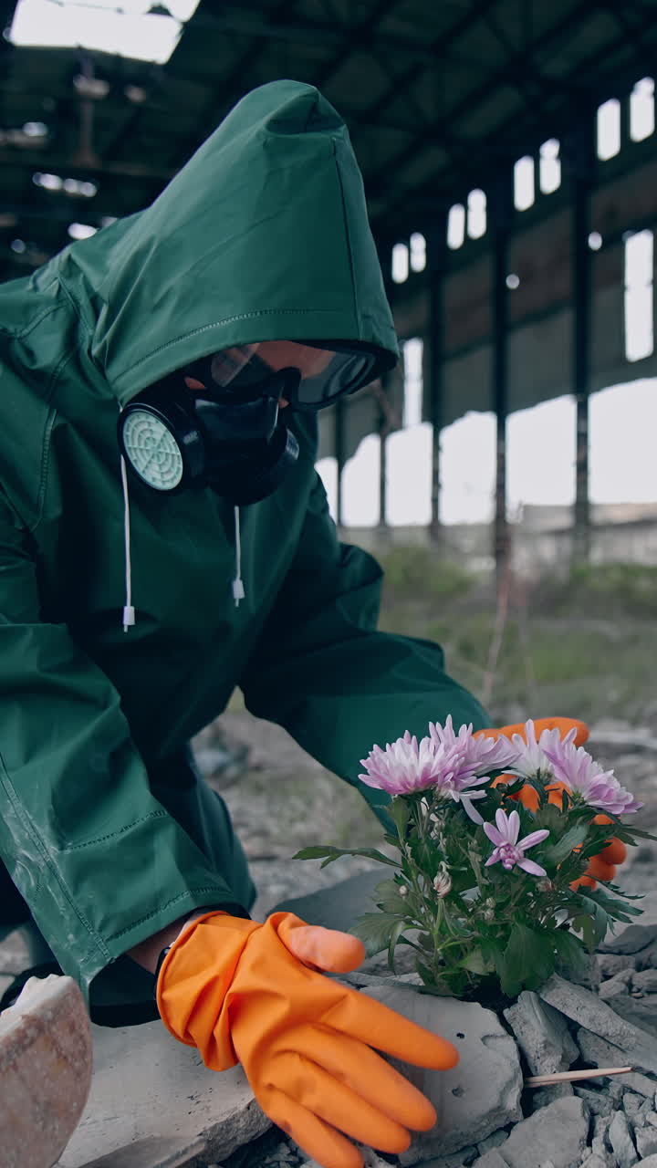 Giving new life to our planet. Ecologist in safety suit and gas mask preparing to placing flowers in abandoned place around the building trash. Biochemical attack concept. Vertical video