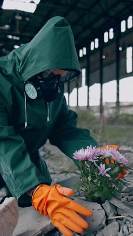 giving new life to our planet. ecologist in safety suit and gas mask preparing to placing flowers in abandoned place around the building trash. biochemical attack concept. vertical video
