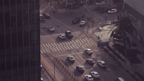 High-Angle-of-Seoul,-Korea-With-Pedestrians-and-Crossroads-Traffic-B-Roll-Cityscape-8