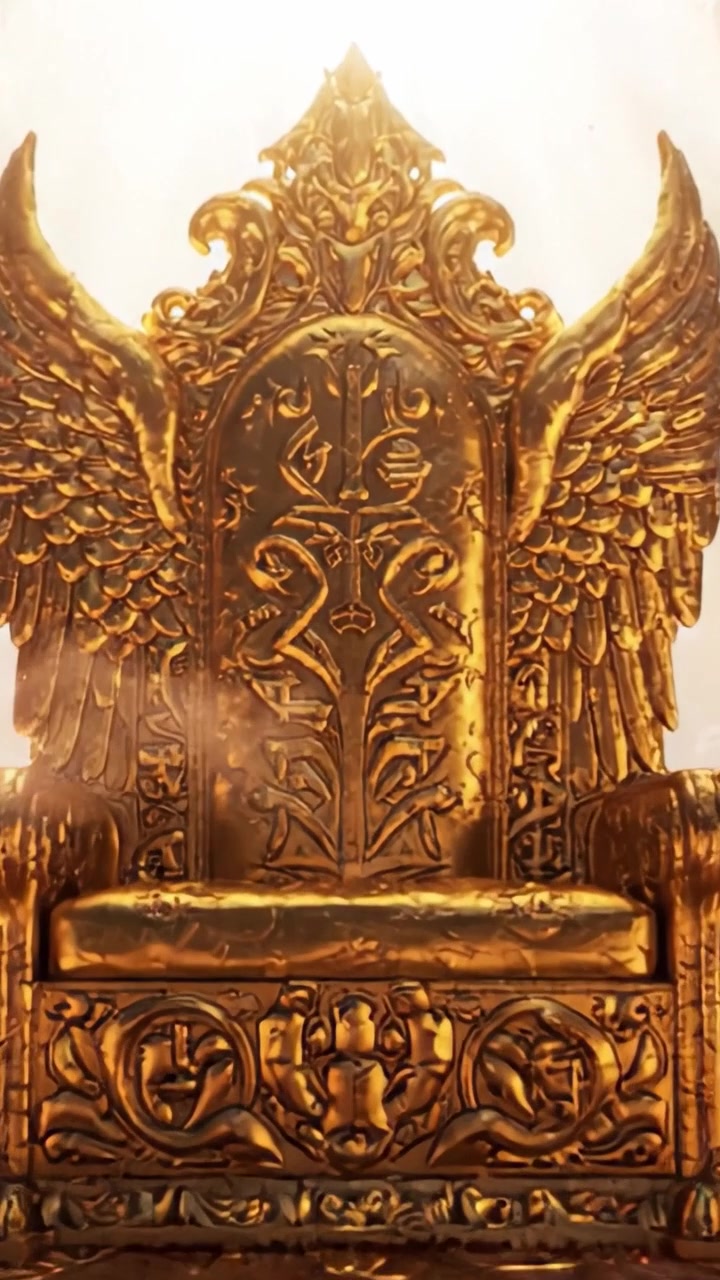 A Grand Ornate Throne with Winged Design Illuminated by Heavenly Light Emerging from Clouds, Symbolizing Power and Majesty