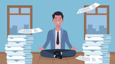 businessman practicing yoga with documents