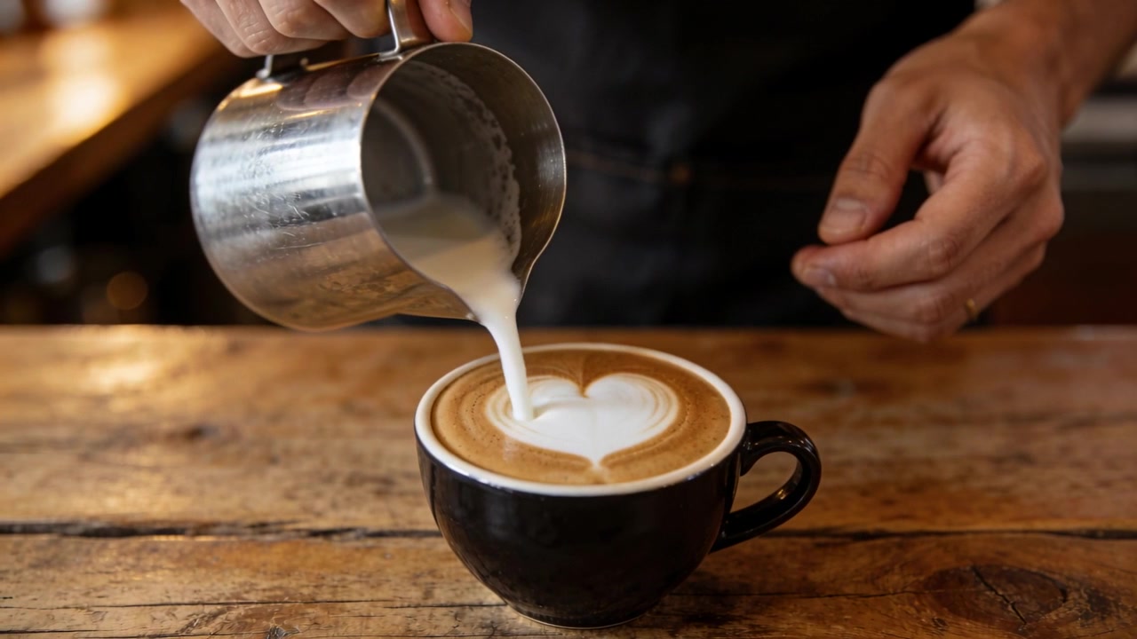 Barista i mørkt forklæde hælder fra stålkande ned i sort kop på trædisk, danner hjerte.