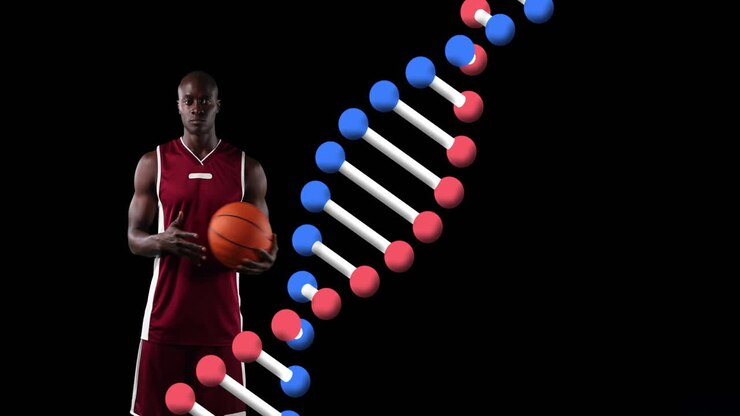 Animazione di un filamento di DNA su un giocatore di basket maschio con il pallone.