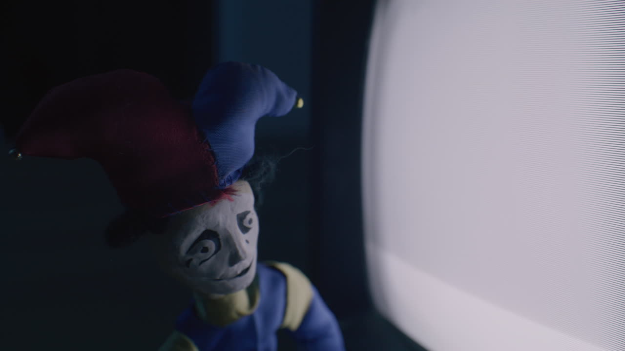 Creepy Jester Puppet in Front of an Old TV