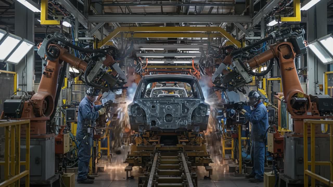 Automation and Precision in Manufacturing: A Dynamic View of Robotic Arms Welding a Car Frame in an Industrial Automation Facility