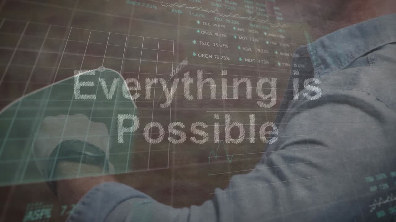 Animation of data processing and hand with smartwatch over everything is possible text